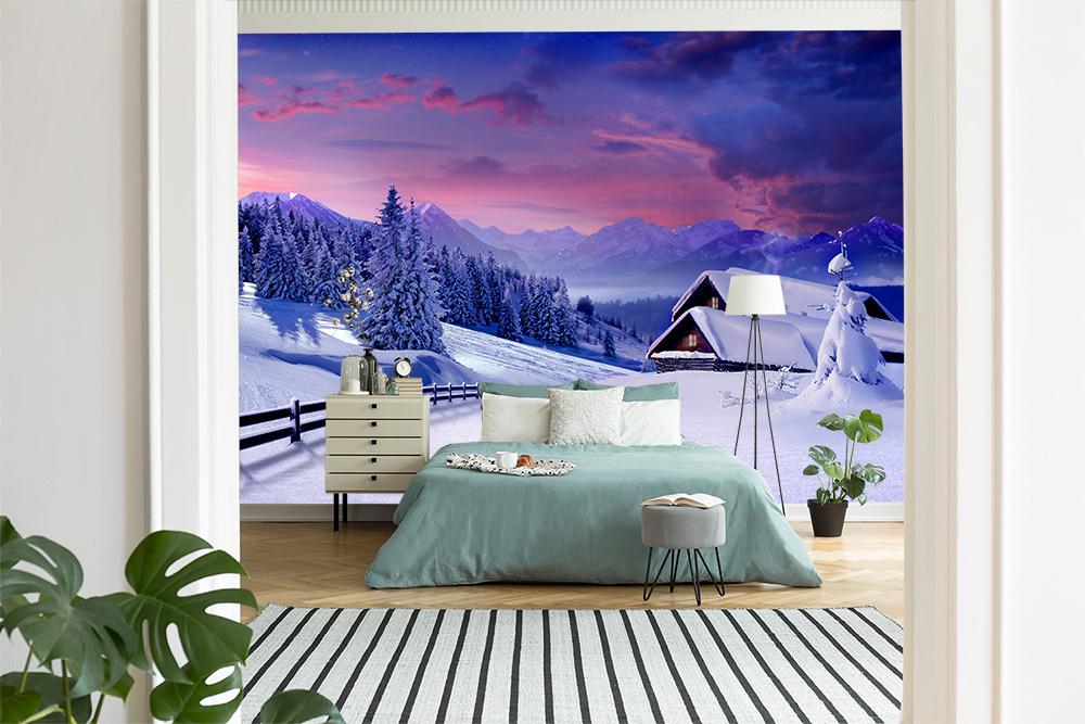 Fototapete Berge und Hütte in einer Winterlandschaft