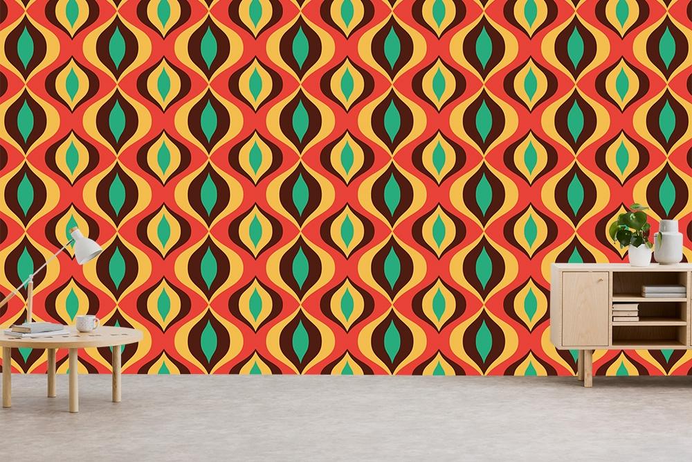 Fototapete aus Vlies mit einem schrillen Muster der 70er-Jahre in bunten Farben