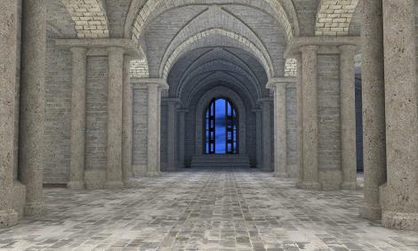 Gothic-Fototapete einer großen Schlosshalle bei Nacht