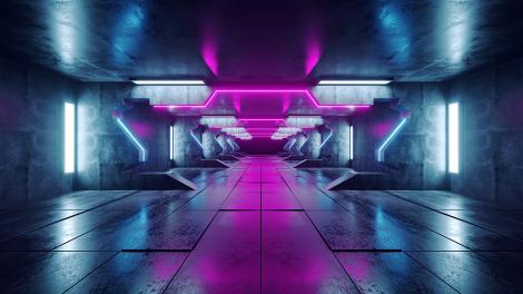 3D-Fototapete spaciges Raumschiff in Blau mit violetten Lichtern