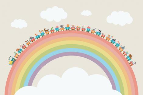 Kinderzimmer Fototapete mit einer Eisenbahn, dem Alphabet und einem Regenbogen