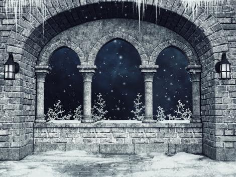 Fototapete ein altes Schlossfenster im kalten Winter